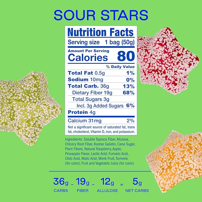 BEHAVE Low Sugar, Low Carb Gummy Candy | Healthy, High in Fiber, Keto & Diabetic Friendly Snack | Non-GMO, Gluten-Free, Dairy-Free, No Artificial Flavors or Sweeteners | Sour Stars, 1.8oz (1-Pack)