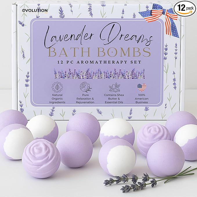 EvolutionUSA Lavender Dreams Bath Bombs for Women, 12 Organic Flower Bath Bombs, Soft Lavender Bath Bombs, Womens Bath Bombs Gift, Lush Bath Bombs for Girls, Relaxing Bathbombs, Bath Balls