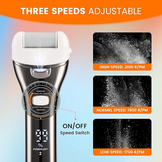 Electric Foot Callus Remover, Rechargeable Portable Electronic Foot File Pedicure Kit, Pedicure Tools for feet, 3 Roller Heads, 3 Speed, Battery Display for Remove Cracked Heels Calluses(BCM-1852)