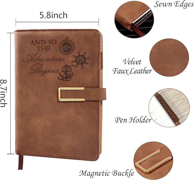 Fanery Sue Refillable Adventure Travel Journal For Women & Men Faux Leather Hardcover A5 Travel Notebook College Ruled 200 Lined Pages Lay-Flat Diary With Pen & Magnetic Buckle(Adventure - Brown)