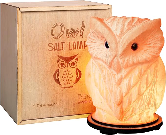Owl Crystal Salt Lamp H 6.7โ, 4.4 lbs - Pure Natural Rock Salt โ Unique Night Light Lamp - 1 Light Bulb as a Gift - Wooden Present Box - Holiday Gift Ideas - Cool Room Dรฉcor