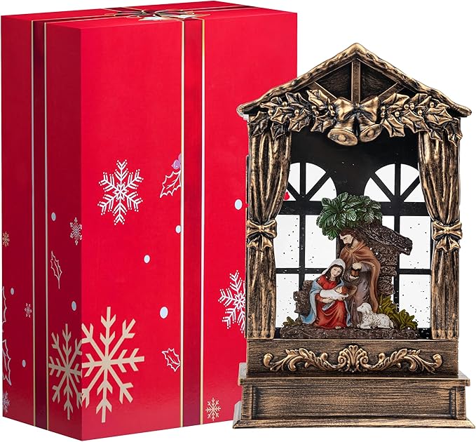 Christmas Snow Globe Lighted Manger Nativity Scene, Musical Holy Family Water Creche Play Silent Night Music in Swirling Glitter, Holiday Decorations Gifts for Family, Children or Friends