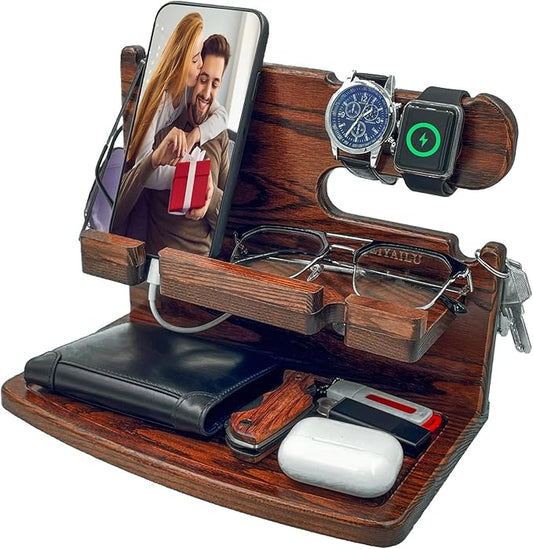 Gifts for Men from Wife Nightstand Organizer for Men Wood Phone Docking Station, Gift Ideas for Father's Day, Christmas, and Valentine's Day (Brown)