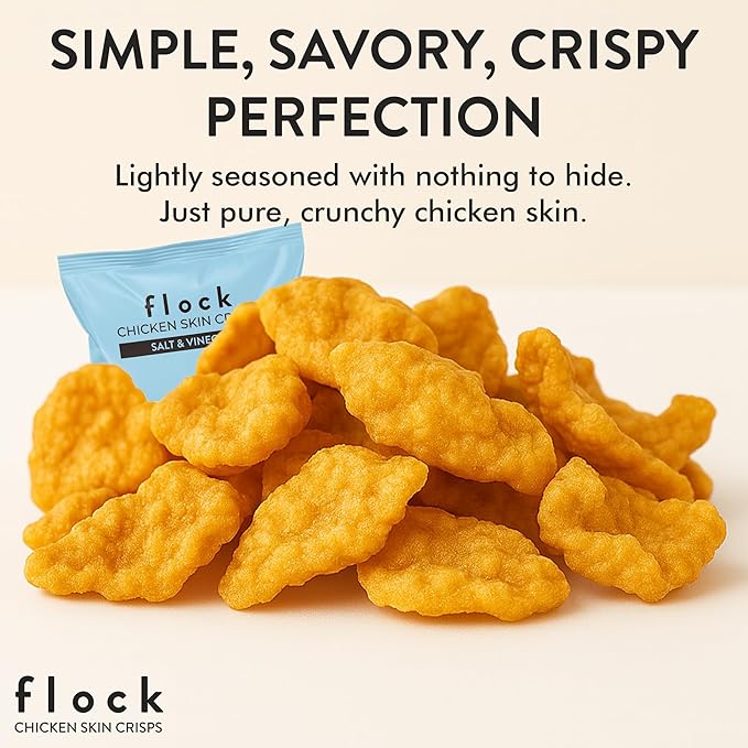 Flock Keto Chicken Skin Chips | Salt and Vinegar Flavor | Low Carb, High Protein, Sugar Free, Gluten Free Fried Chicken Skins for People | (2.5oz) 4-Pack Crispy Flock Chips