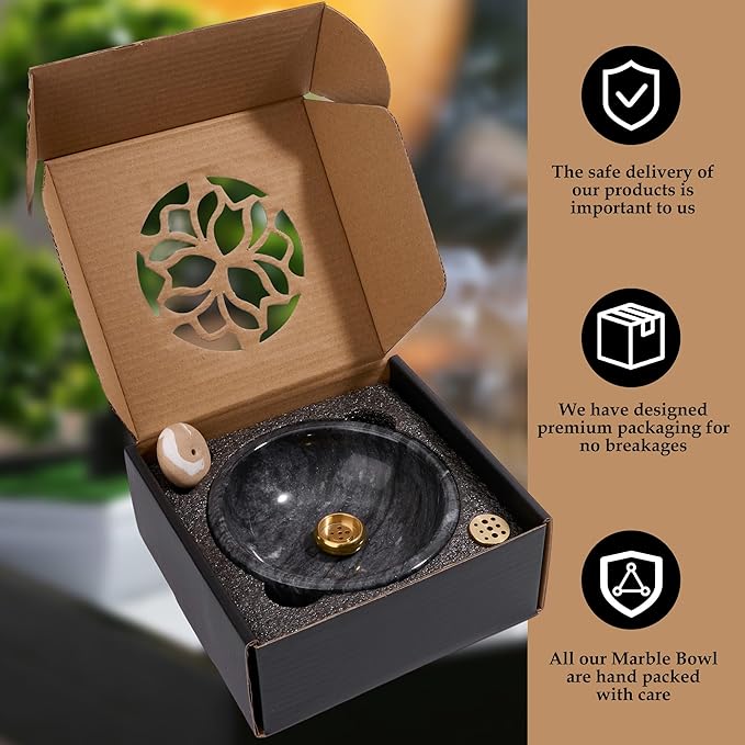Marble Incense Holder Bowl with Brass Burner – Natural Hand-Polished Stone Incense Burner for Sticks, Cones, Palo Santo & Sage – Ash Catcher for Meditation, Yoga & Home Decor
