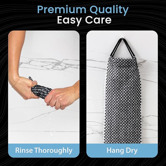 Japanese Exfoliating Washcloth for Back & Body - Charcoal & Silver Ion Exfoliating Towel with Handles - Two-Sided Gentle Exfoliation & Deep Cleansing Soft Body Wash Cloths for Shower - White