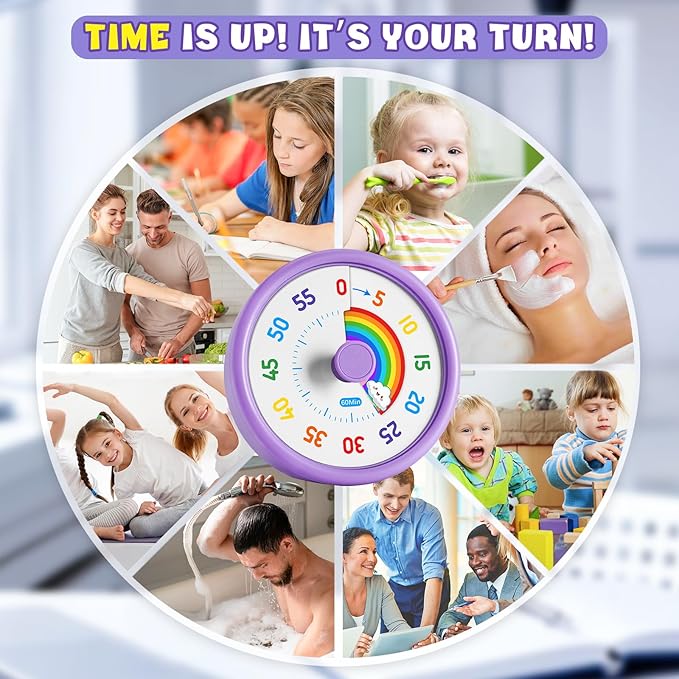 HIPPIH Visual Timer for Kids, 60 Minute Countdown Timers for Classroom Kitchen Office, Rainbow Disk Desk Timer Clock with Silent Operation, Pomodoro Timer Time Management Tools for Toddler ADHD Purple