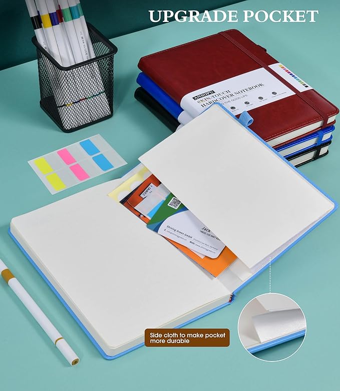 Lined Journal Notebook for Writing, A5 100 GSM Thick Paper, Leather Hardcover Journal for Woman Men, Travel Journal Diary 160 Pages (5.75'' X 8.38'' Lightblue)