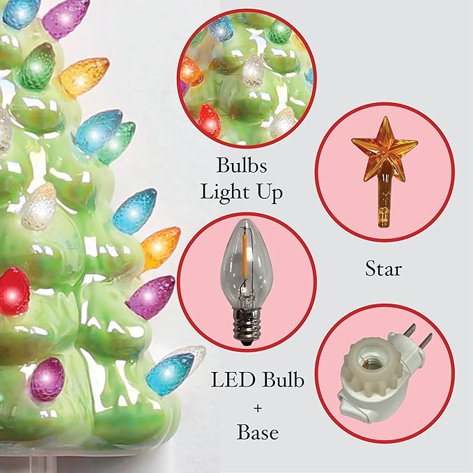 Milltown Merchants Ceramic Night Light - Vintage Christmas Tree with Lights - Mini Decorative Tree (Pearl Green)