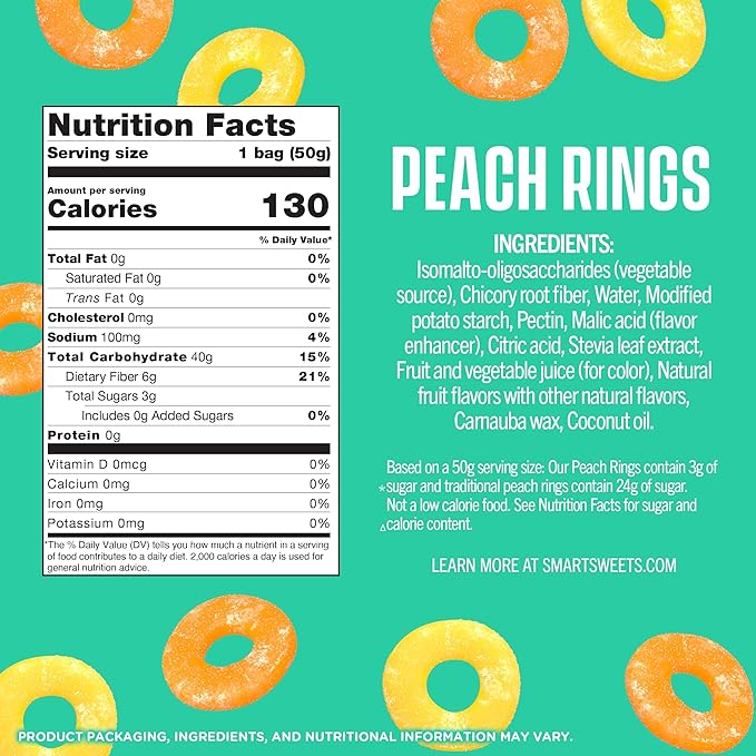 SmartSweets Peach Rings, Low Sugar Gummy Candy (3g), Low Calorie (130), Gluten-Free -1.8oz (Pack of 12) Packaging may vary