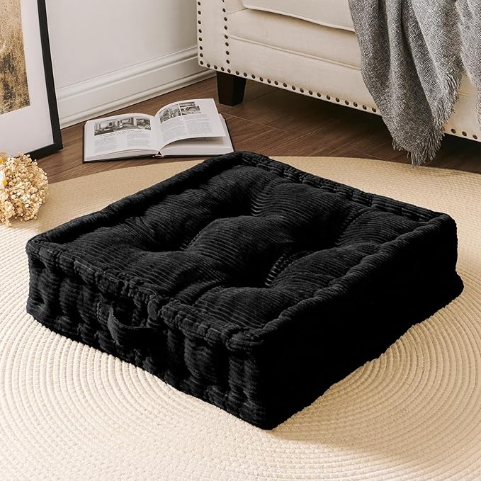 Wellsin Square Floor Pillows for Adults Kids - Meditation Floor Pillow Seating Cushion - Tufted Floor Cushion with Shredded Foam & Velvet Cover, 2 Pack, 20x20 Inch, Black