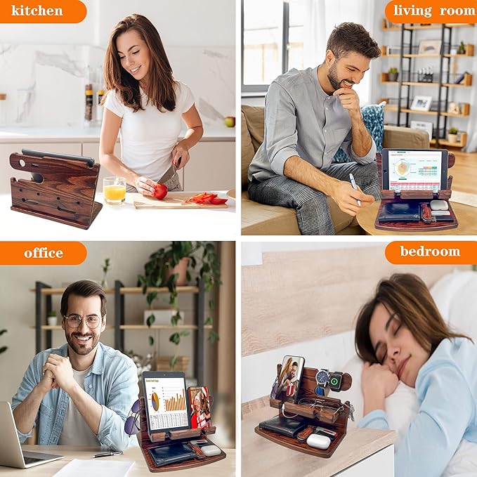 Gifts for Men from Wife Nightstand Organizer for Men Wood Phone Docking Station, Gift Ideas for Father's Day, Christmas, and Valentine's Day (Brown)