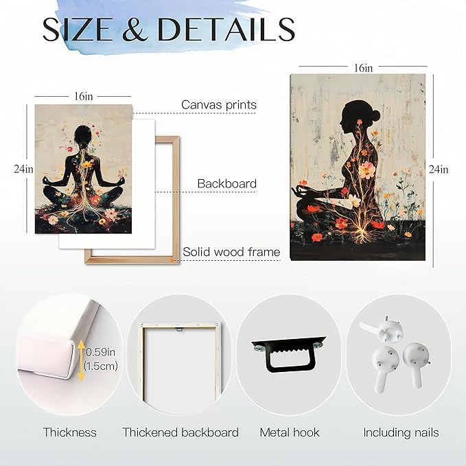 Yoga and Flower themed Meditation Wall Art Set of 3, Spiritual Meditation Women's Match with Flower and Lotus Patterns Canvas Poster Prints Painting,for Yoga Meditation Room,Bedroom,Framed 16X24in
