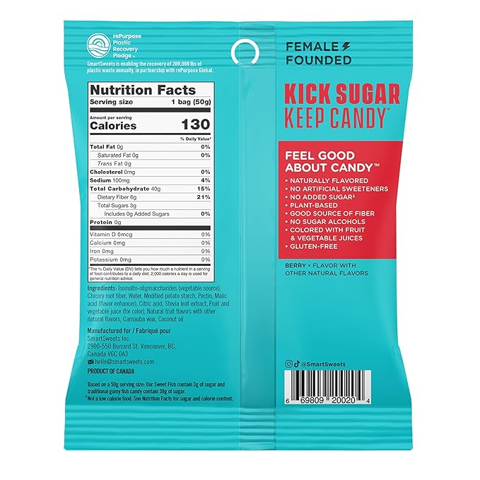 SmartSweets Sweet Fish, Low Sugar Gummy Candy (3g), Low Calorie (130), Gluten-Free -1.8oz (Pack of 12) Packaging may vary