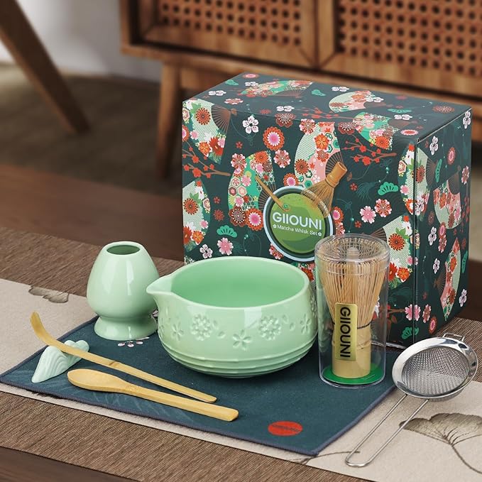 Matcha Whisk Set, Ceramic Bowl with Spout, Bamboo Matcha Whisk & Spoon, Chasen Holder, Scoop Rest, Sifter, 8-Pcs Japanese Matcha Powder Kit–Gift for Ceremony & Matcha Lovers-Mint