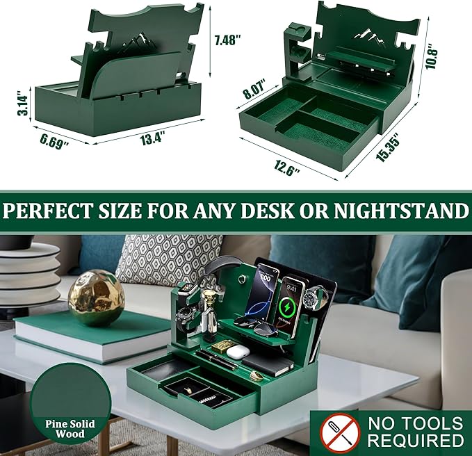 Nightstand Organizer for Men with Large Drawer, Birthday Gifts for Men, Phone Docking Station, Bedside Organizer for Nightstand for Apple Watch, Laptop (Olive Green, Solid Wood)