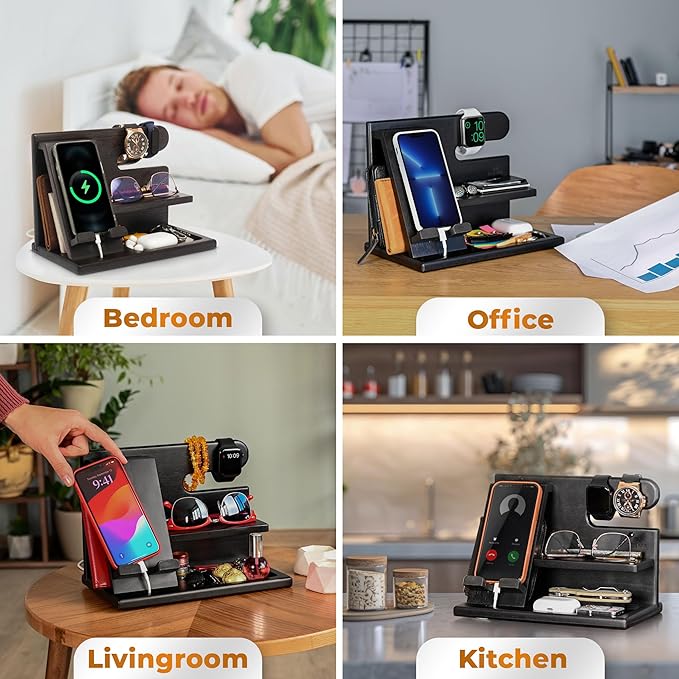 TESLYAR Wood Phone Docking Station for Men - Desktop or Nightstand Organizer - Birthday Gifts for Men, Dad - Anniversary Idea from Wife - Key Holder, Stand Wallet, Watch & Essentials (Deep Black)