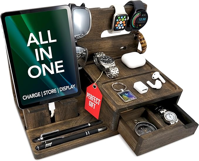 Nightstand Organizer- Bedside Docking Station for Men- Unique Gifts for Husband, Father or Dad from Wife, Son or Daughter- Desk Organizer for Phone, Watches, Wallet & Accessories (Rustic)