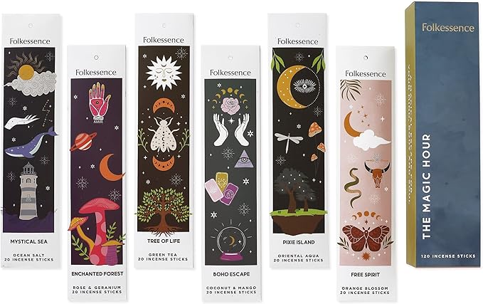 Folkulture Incense Sticks | Set of 6 (120 Organic Insence-Sticks) for Positive Aura with 45 Mins Burn Time | Non Toxic Coconut Mango, Aqua, Green Tea, Rose Geranium, Orange Blossom Inscents-Sticks