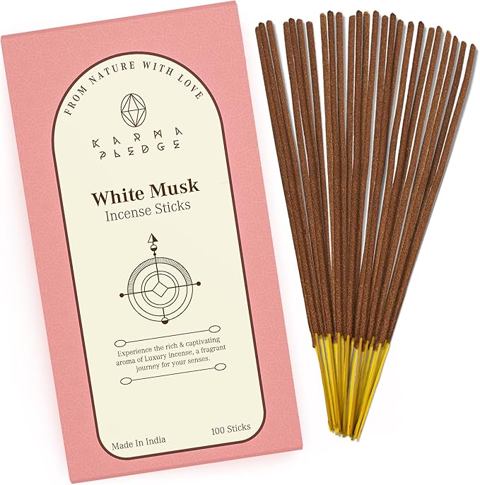 White Musk Incense Sticks, Organic Hand Dipped 100 Sticks with Natural Herbs & Aromatic Ingredients, Burn Time 45 to 60 Minutes, Incense for Positivity, Yoga, Meditation, Relaxation, Spiritual Gift