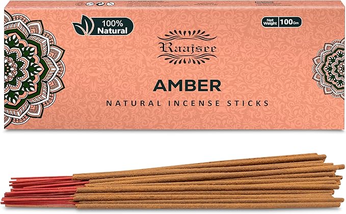 Raajsee Amber Incense Sticks 100 Gm Pack-100% Pure Organic - Natural Hand Rolled Free from Chemicals-Insence for Church,Relaxation, Meditation & Sensual Therapy
