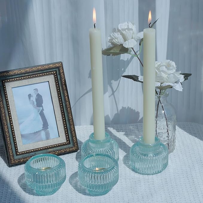 Woho Light Blue Candlesick Holders Set of 4 for Taper Candles, Ribbed Glass Candle Stick Holder Decor for Wedding Table Centerpiece, Reversible Taper Candle Holders Vintage for Baby Shower/Home Decor