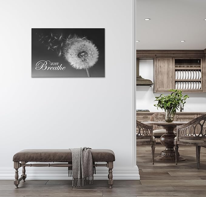 SKASNFAI Just Breathe Wall Art Zen Office Wall Decor Inspirational Yoga Quotes Positive Relax Artwork Picture Black and White Dandelion Posters Print for Meditation Room (20L x 30W)