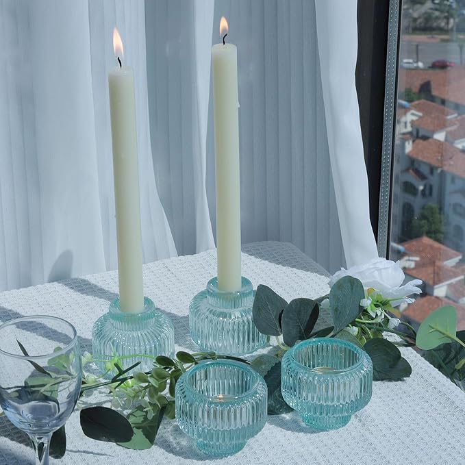 Woho Light Blue Candlesick Holders Set of 4 for Taper Candles, Ribbed Glass Candle Stick Holder Decor for Wedding Table Centerpiece, Reversible Taper Candle Holders Vintage for Baby Shower/Home Decor
