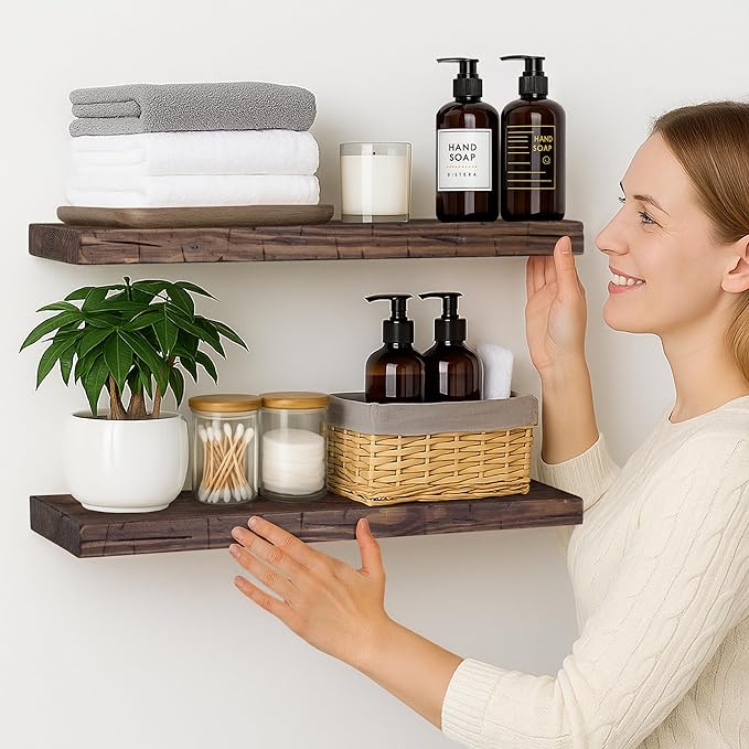 BGMG Floating Shelves 24 inch Long, Distressed,Wide Rustic Wooden Wall Shelves for Bathroom Living Room Bedroom Kitchen Farmhouse Set of 2-24x6.7x1.25 inch-Distressed Walnut