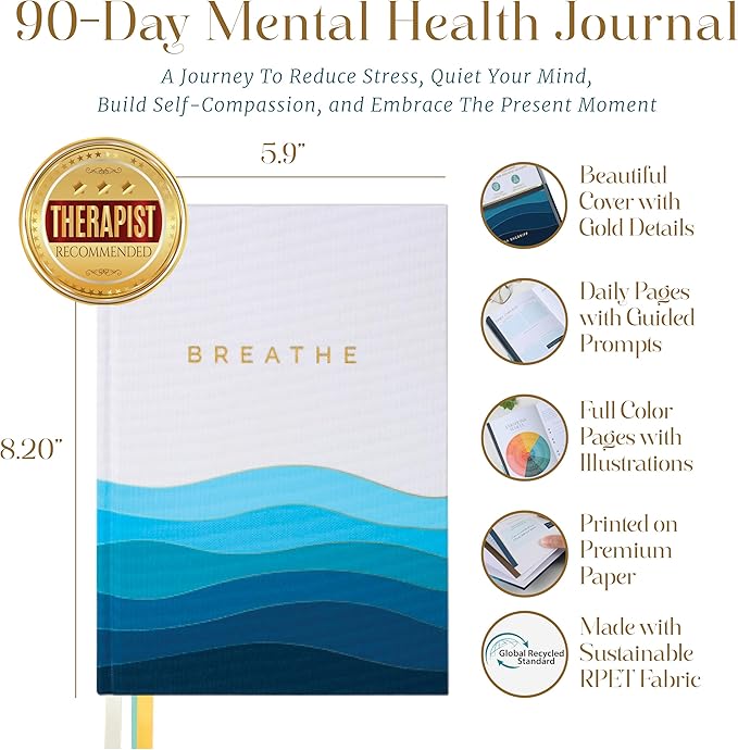 90-Day Guided Mental Health Journal for Anxiety, Mindfulness & Emotional Wellness โ Eco-Friendly Cover Made from Recycled Ocean Plastic โ Daily Prompts for Self-Care, Self-Reflection, Calm, Stress Relief & Inner Strength