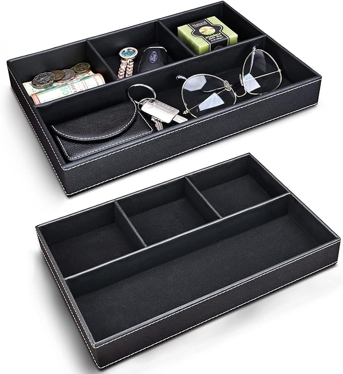 GORESE 2 Pieces Faux Leather Valet Tray for Men, Stackable Jewelry Organizer for Drawers, Nightstand Caddy Tray for Key, Wallet, Sunglass, Watch, Coin, Phone, Bedside Desk-top Storage Black