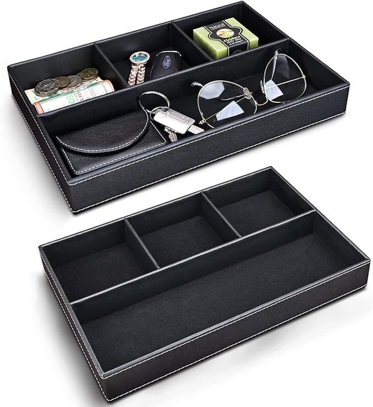 GORESE 2 Pieces Faux Leather Valet Tray for Men, Stackable Jewelry Organizer for Drawers, Nightstand Caddy Tray for Key, Wallet, Sunglass, Watch, Coin, Phone, Bedside Desk-top Storage Black