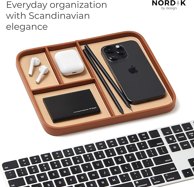 Nordik Leather Valet Tray - Sand Brown - Premium Vegan Leather Stylish and Organised Nightstand Tray for Men - EDC Catchall Tray for Keys, Watch, Wallet, Jewellery - Modern Bedside Caddy