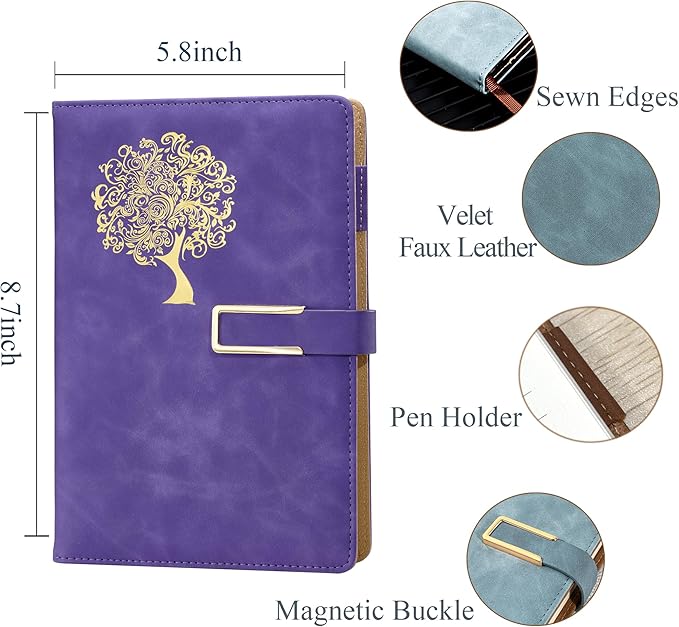 Fanery Sue Tree of Life Journal for Women&Men Refillable Writing A5 Journals for Writing with 200 Pages 100Gsm Diary Lay-Flat Faux Leather Hardcover Notebook with Pen&Magnetic Buckle(Purple)