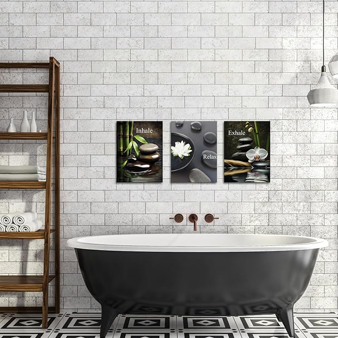 FuShvre Zen Wall Art for Bathroom Zen Stone Bamboo Lotus Orchid Flower Pictures Still Life Prints for Zen Meditation Room Wall Decor Framed 12x16 inch each piece (small)