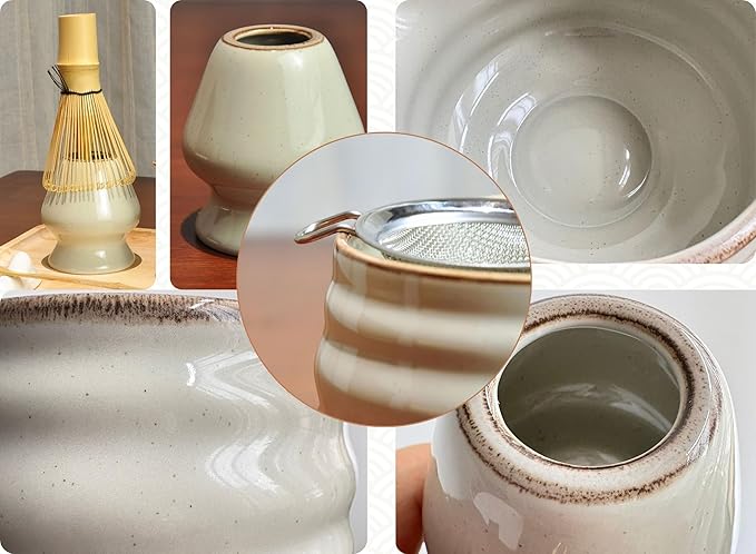 Matcha Whisk Set, Ceramic Matcha Set Includes Matcha Bowl, Matcha Whisk Chasen and Whisk Holder, Sifter, Bamboo Scoop, Scoop Rest and Tea Towel-7 Pcs Matcha Kit for Matcha Lovers, Misty Gray