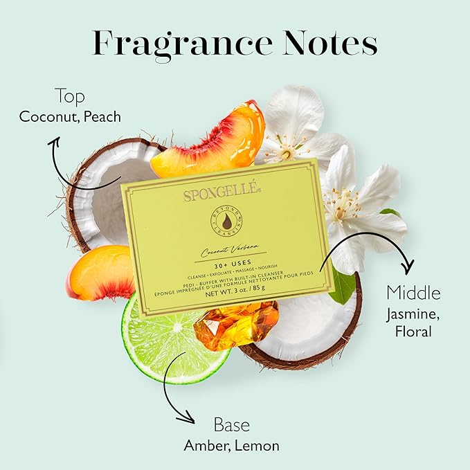 SPONGELLÉ Coconut Verbena Pedi-Buffer with Built-in Cleanser - Exfoliates, Softens & Smooths Feet for a Spa-Like Pedicure Experience, 30+ Uses