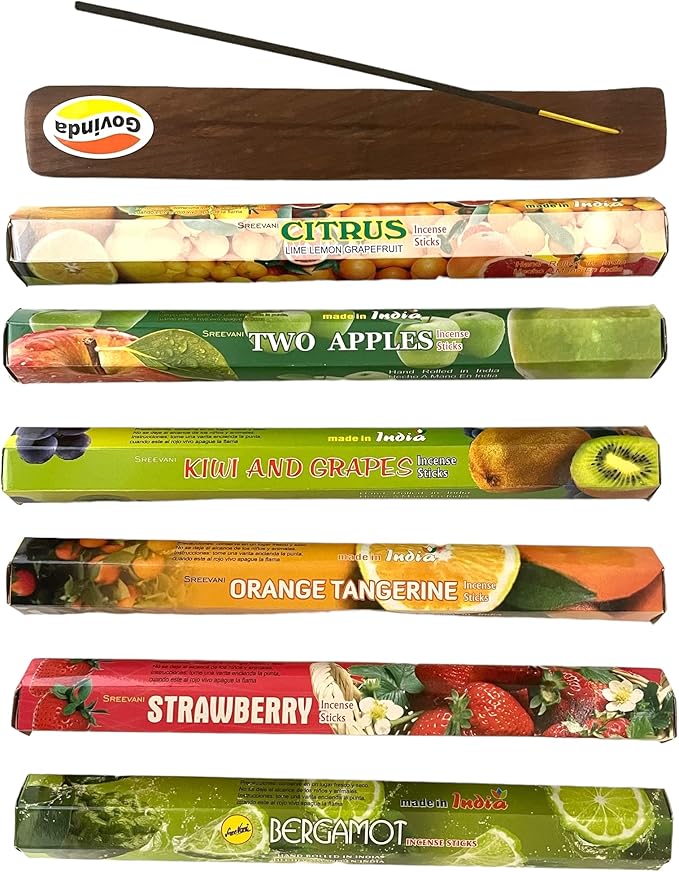 Sreevani Incense Sticks Variety Pack #14 and Incense Stick Holder Bundle Gift Set with 6 Fruity Fragrances