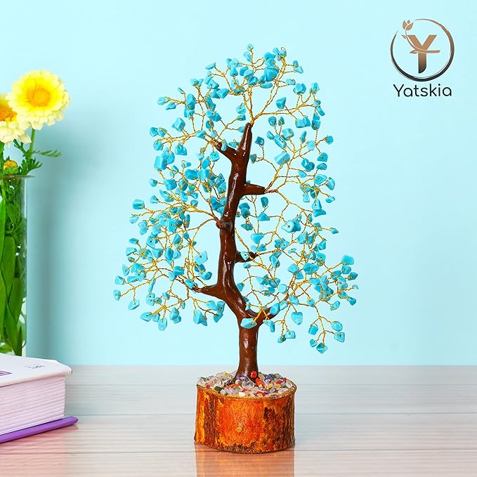 YATSKIA Turquoise Crystal Bonsai Tree Sculpture, Handmade 7 Chakra Healing Pendant Necklaces, Home Decor, Tabletop Display, 8x8x25cm, 1-2lbs