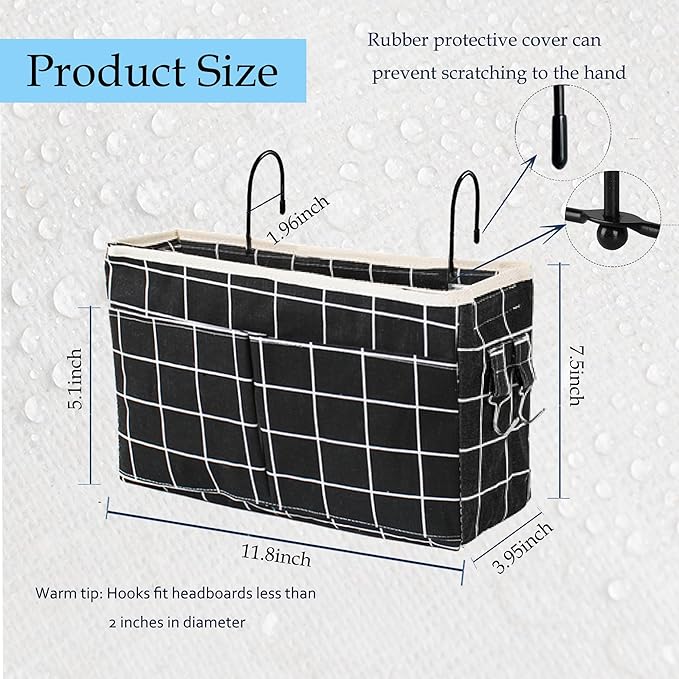 Bedside Caddy Bedside Hanging Storage Basket Multi-Function Organizer Caddy for Bunk and Hospital Beds Dorm Rooms Bed Rails, Can be Placed Glasses Books Mobile Phones(Black Grid)