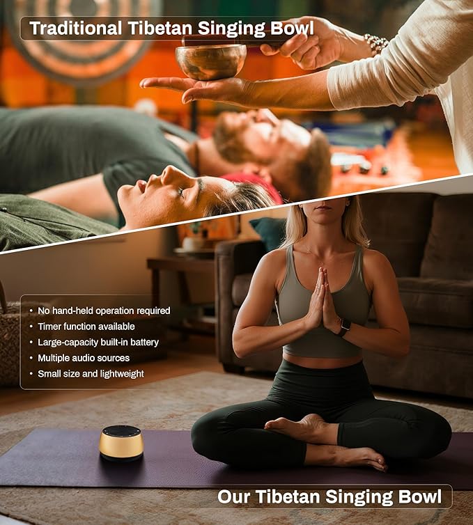 Vangoa Tibetan Singing Bowls Machine - 9 Sound Bowls for Yoga, Meditation, Mindfulness, Healing, Chakra Healing and Stress Relief, Timer and Memory Features, Gold Bronze