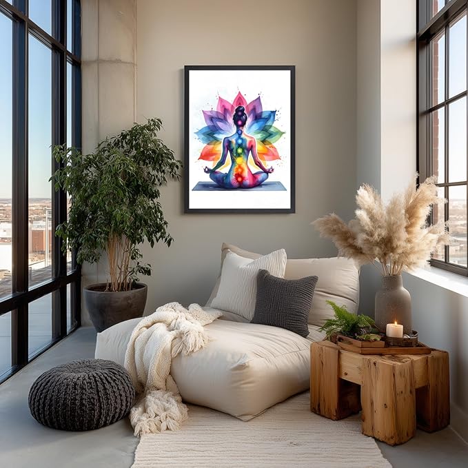 GELDSTEI Wood Framed Zen Wall Art, Chakra Yoga Wall Decor, Colorful Meditation Poster Print, Spiritual Canvas Painting, Vibrant Meditating Woman Aesthetic Picture for Living Room Yoga Studio 16"x24"