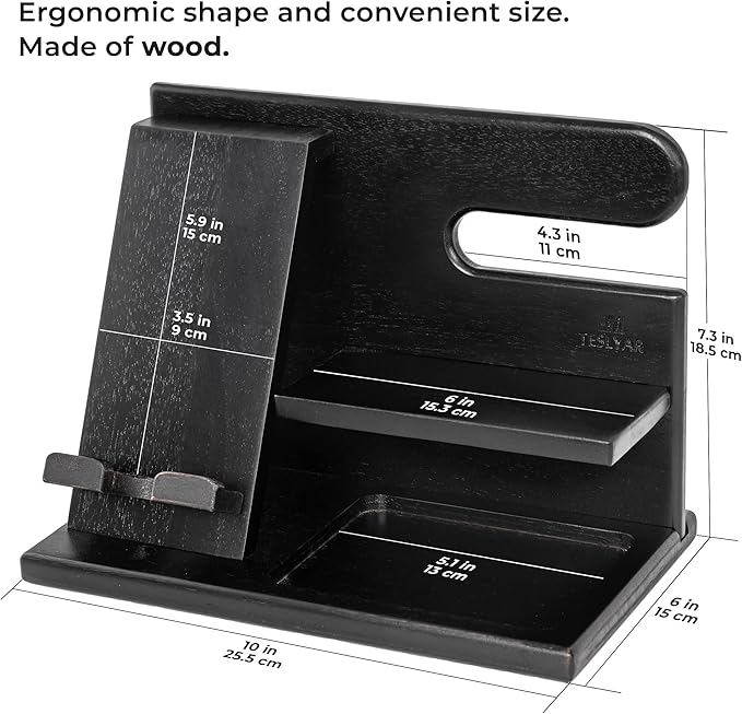 TESLYAR Wood Phone Docking Station for Men - Desktop or Nightstand Organizer - Birthday Gifts for Men, Dad - Anniversary Idea from Wife - Key Holder, Stand Wallet, Watch & Essentials (Deep Black)