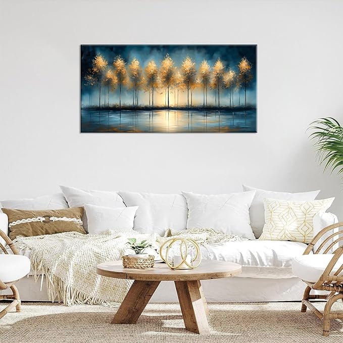 ZESTRILIA Golden Trees Wall Art Impression Canvas Abstract Sunset Oil Painting Reproduction Print Artwork Landscape Picture for Living Room Bedroom Home Office Kitchen Décor (28x58inch)