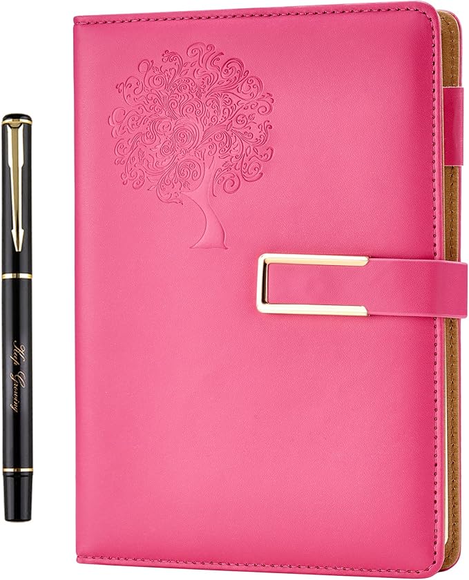 Fanery Sue Tree of Life Refillable Writing Journal for Women&Men Faux Leather Hardcover Notebook A5 College Ruled 200 Lined Pages Lay-Flat Personal Diary with Pen&Magnetic Buckle (Hot Pink