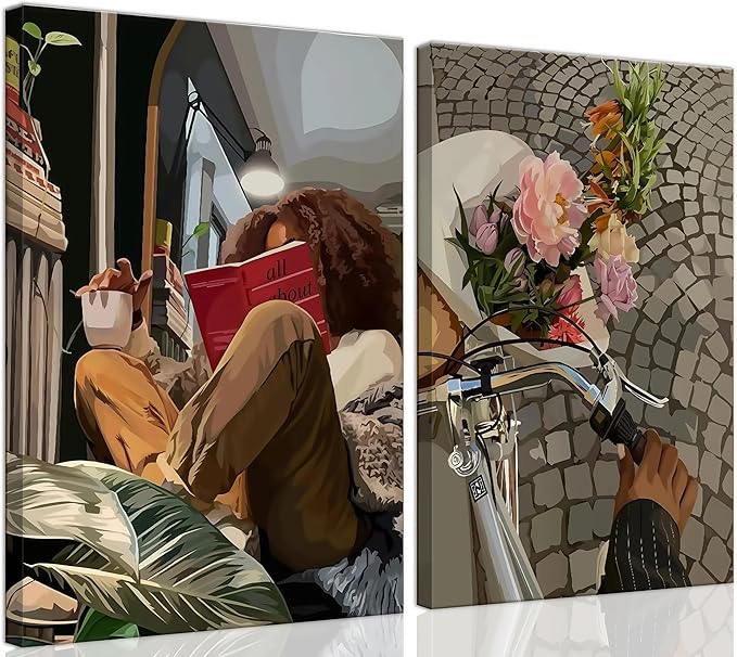 Modern African American Women Wall Art Set of 2,Cozy Reading & Bike Ride with Flowers Painting Canvas Prints,black woman Vintage Aesthetic Poster for Living Room, Bedroom, Office, Framed 12X16in