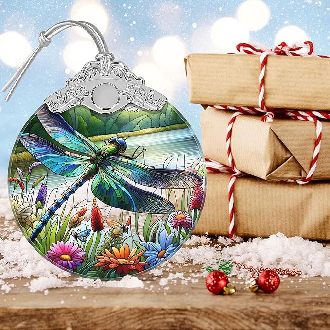 Dragonfly Stained Glass Christmas Ornament - Holiday Tree Decoration, Home Decor, Gift Idea With Wildflower Design