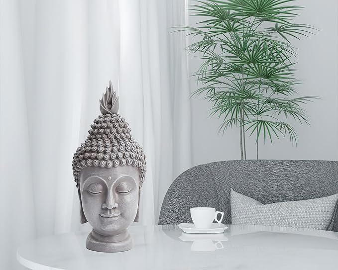 Buddha Head Statue Zen Meditation Decoration, 11 inch Resin Stone Gray Buddha Head Statue for Buddhist Spiritual Altar Decoration Buddhism Gifts