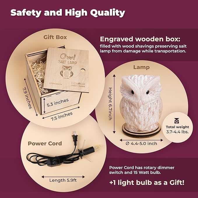 Owl Crystal Salt Lamp H 6.7โ, 4.4 lbs - Pure Natural Rock Salt โ Unique Night Light Lamp - 1 Light Bulb as a Gift - Wooden Present Box - Holiday Gift Ideas - Cool Room Dรฉcor