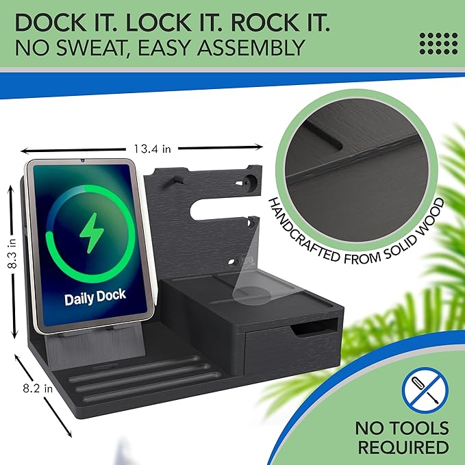 Nightstand Organizer- Bedside Docking Station for Men- Unique Gifts for Husband, Father or Dad from Wife, Son or Daughter- Desk Organizer for Phone, Watches, Wallet & Accessories (Black)